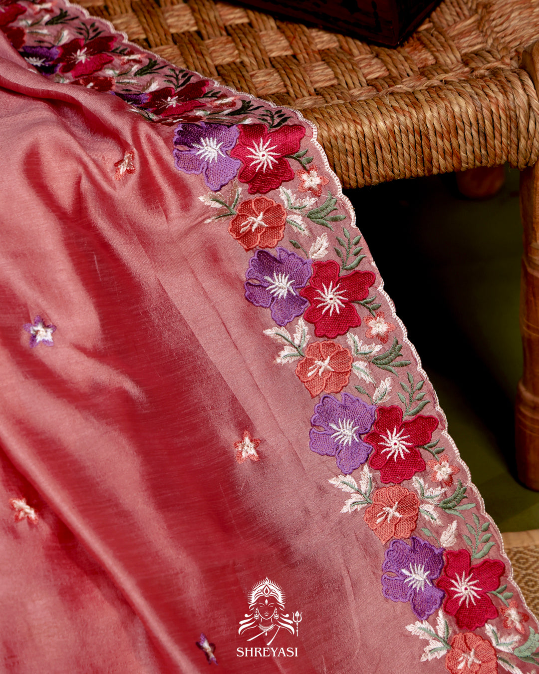 Tussar Silk Saree with Resham Floral Embroidery Border