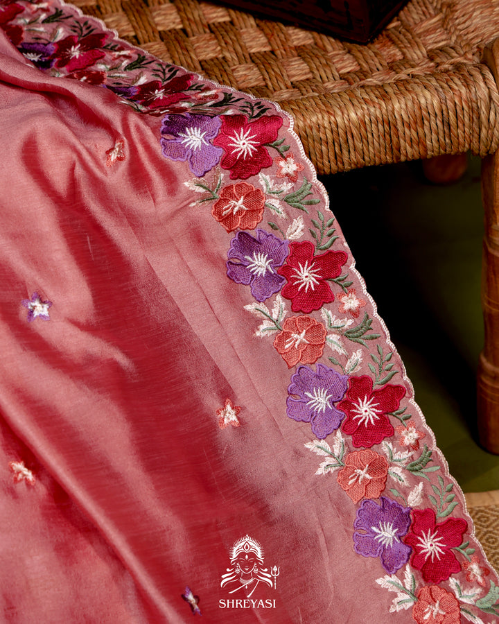 Tussar Silk Saree with Resham Floral Embroidery Border
