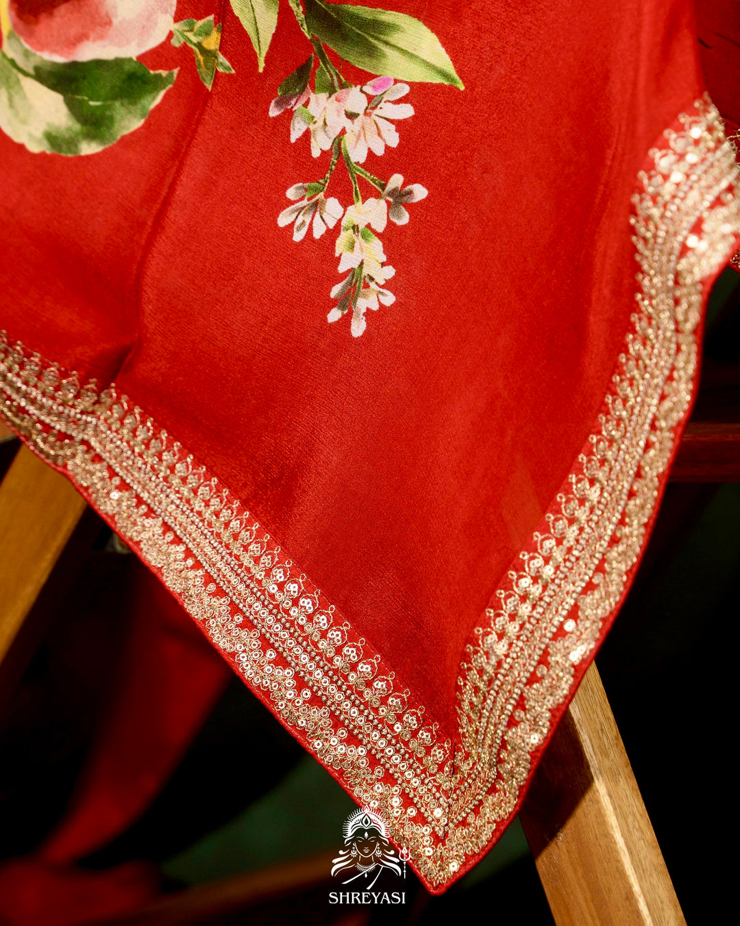 Pure Chinon Satin Silk Saree with Floral Print & Embroidered Border