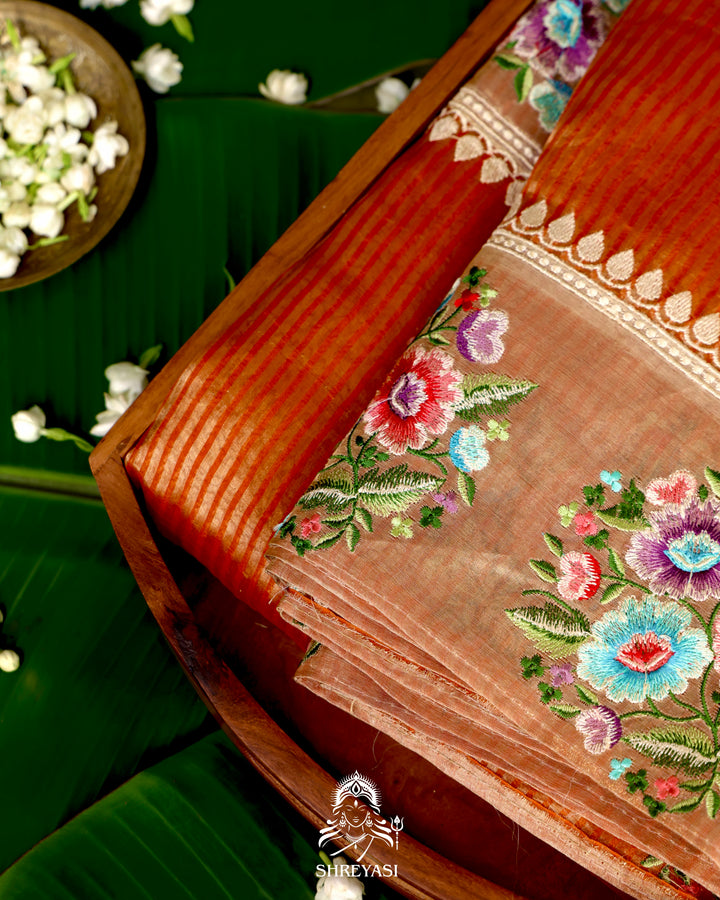 Handloom Banarasi Tissue Stripe Silk Saree with Satin Stitch Floral Embroidered Borders