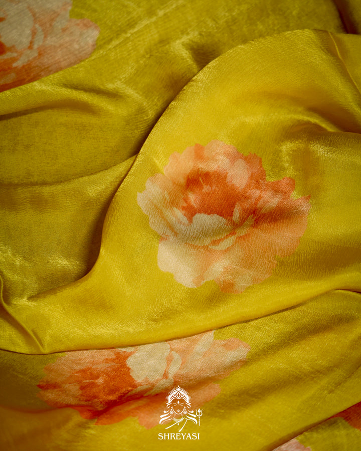 Lime Yellow Chinon Satin Floral Saree with Embroidered Border