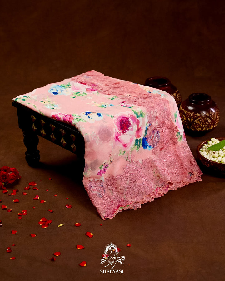 Pure Georgette Floral Saree with Chantilly Lace Embroidery Border
