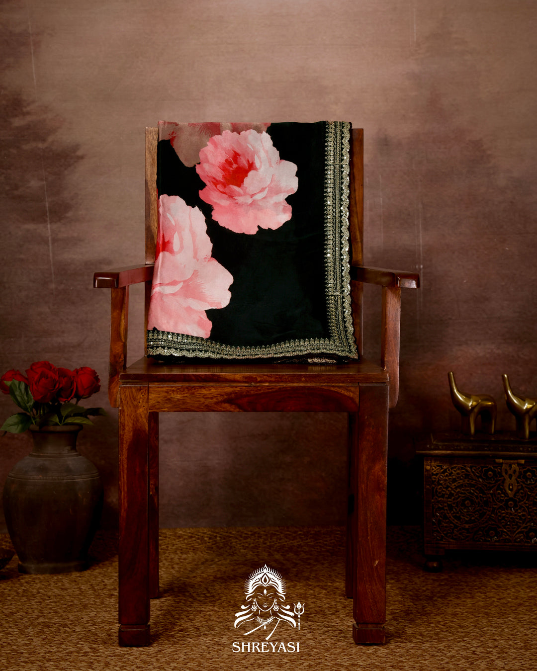 Black Chinon Satin Floral Saree with Embroidered Border