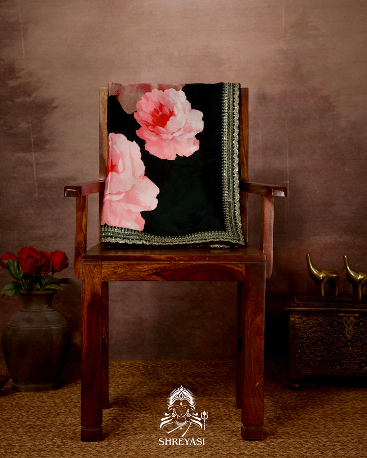 Black Chinon Satin Floral Saree with Embroidered Border