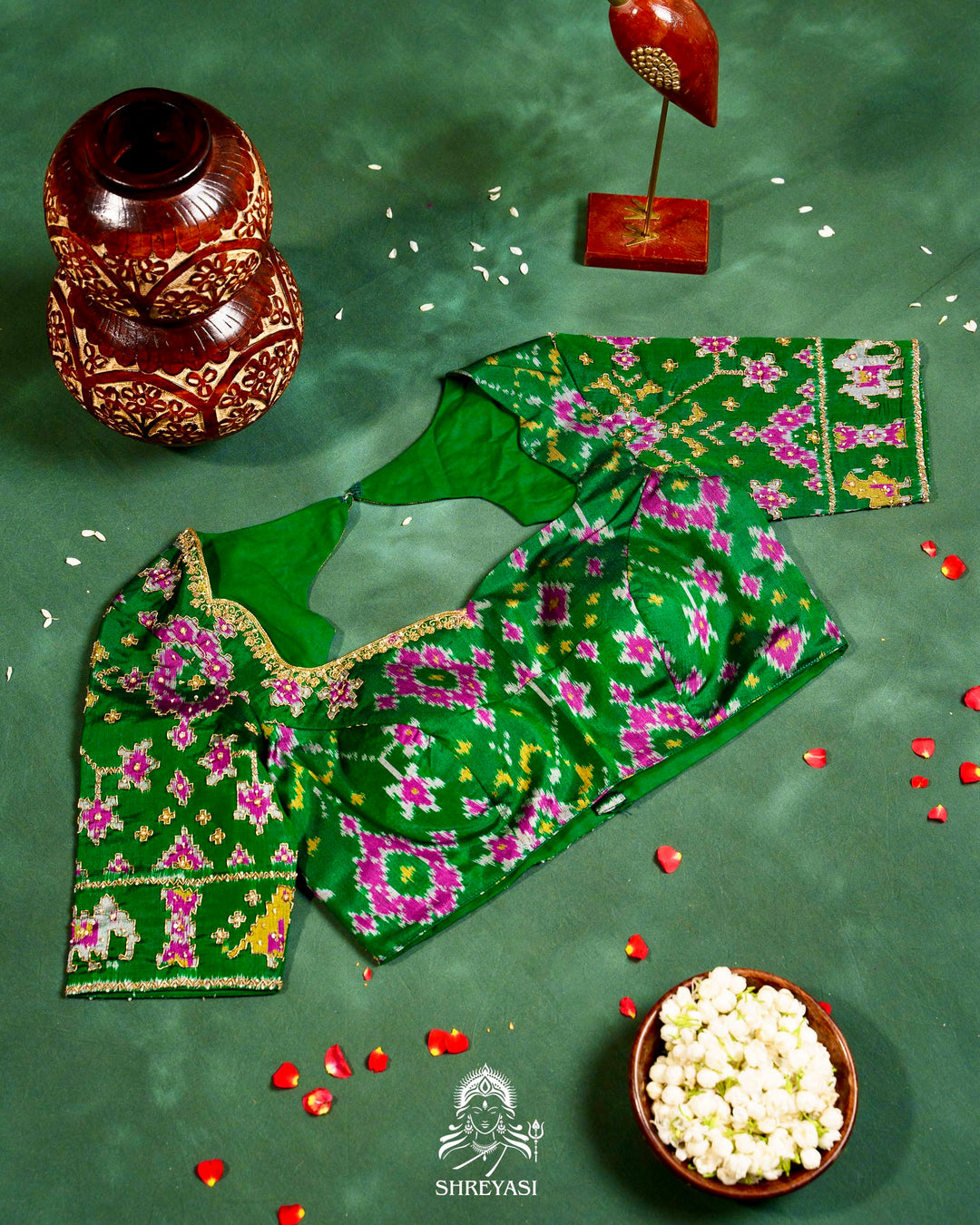 Handloom Pure Single Ikat Rajkot Patola Silk Blouse with Rich Hand Embroidery