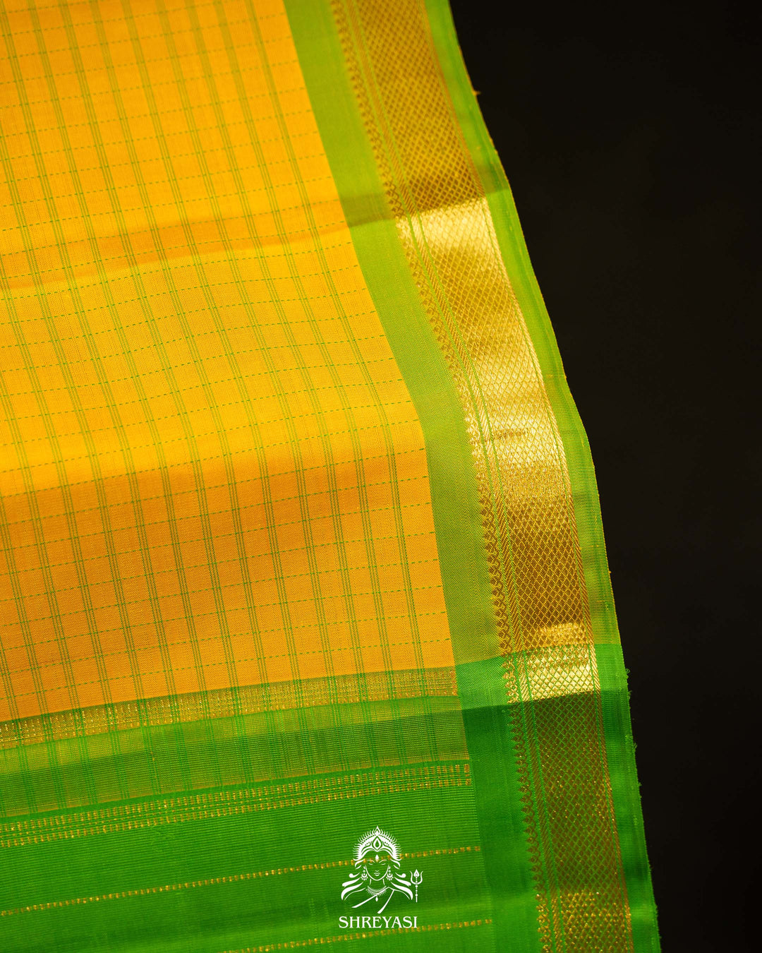 Yellow & Parrot Green Kattam Checks Kanjivaram Silk Saree