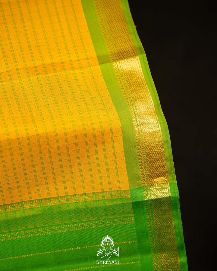 Yellow & Parrot Green Kattam Checks Kanjivaram Silk Saree