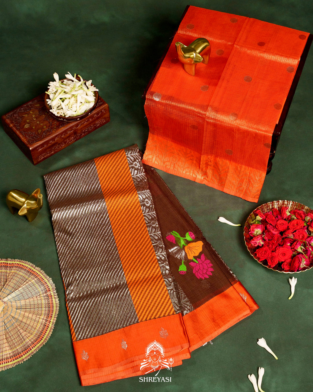 Chocolate Brown Handloom Pure Zari Kota Saree with Orange Contrast Blouse