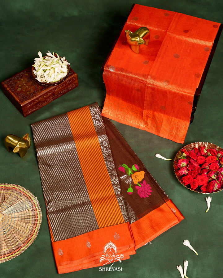 Chocolate Brown Handloom Pure Zari Kota Saree with Orange Contrast Blouse