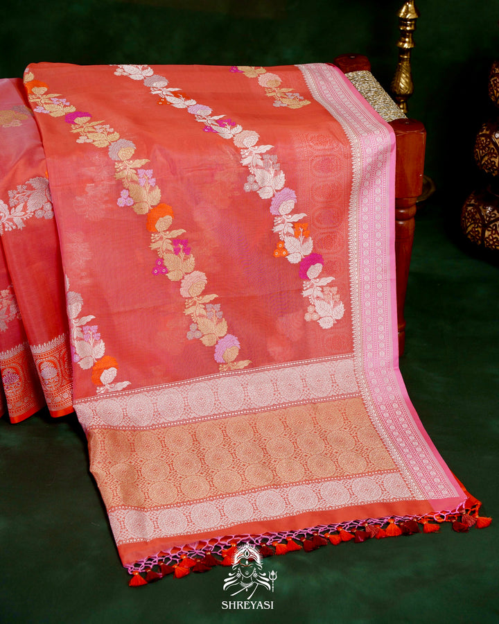 Handloom Pure Banarasi Ektara Kora Silk Saree with Kadiyal Border