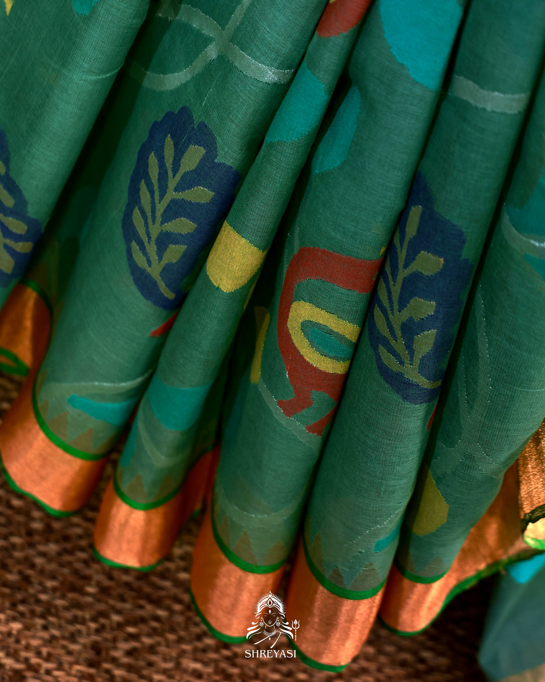 Handwoven Pure Ponduru Khadi Jamdani Saree with All-Over Peacock Vine Weave