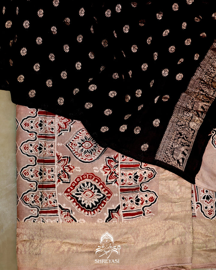 Hand Block Printed Ajrakh Dola Silk Saree with Zari Brocade Blouse