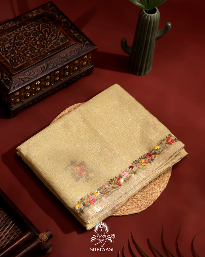 Tissue Linen Saree with Resham Floral Embroidery