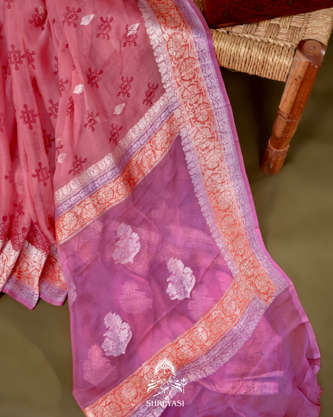 Banarasi Khaddi Chiffon Georgette Saree with Hand Block Motifs
