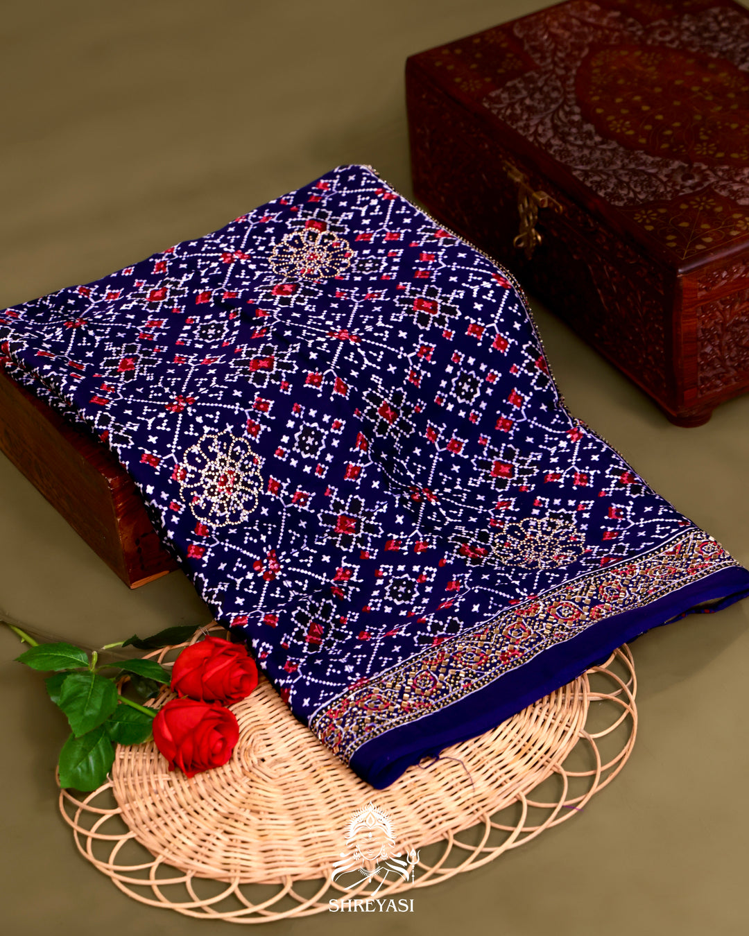 Pure Modal Silk Ajrakh Saree with Swarovski Crystal Embroidery