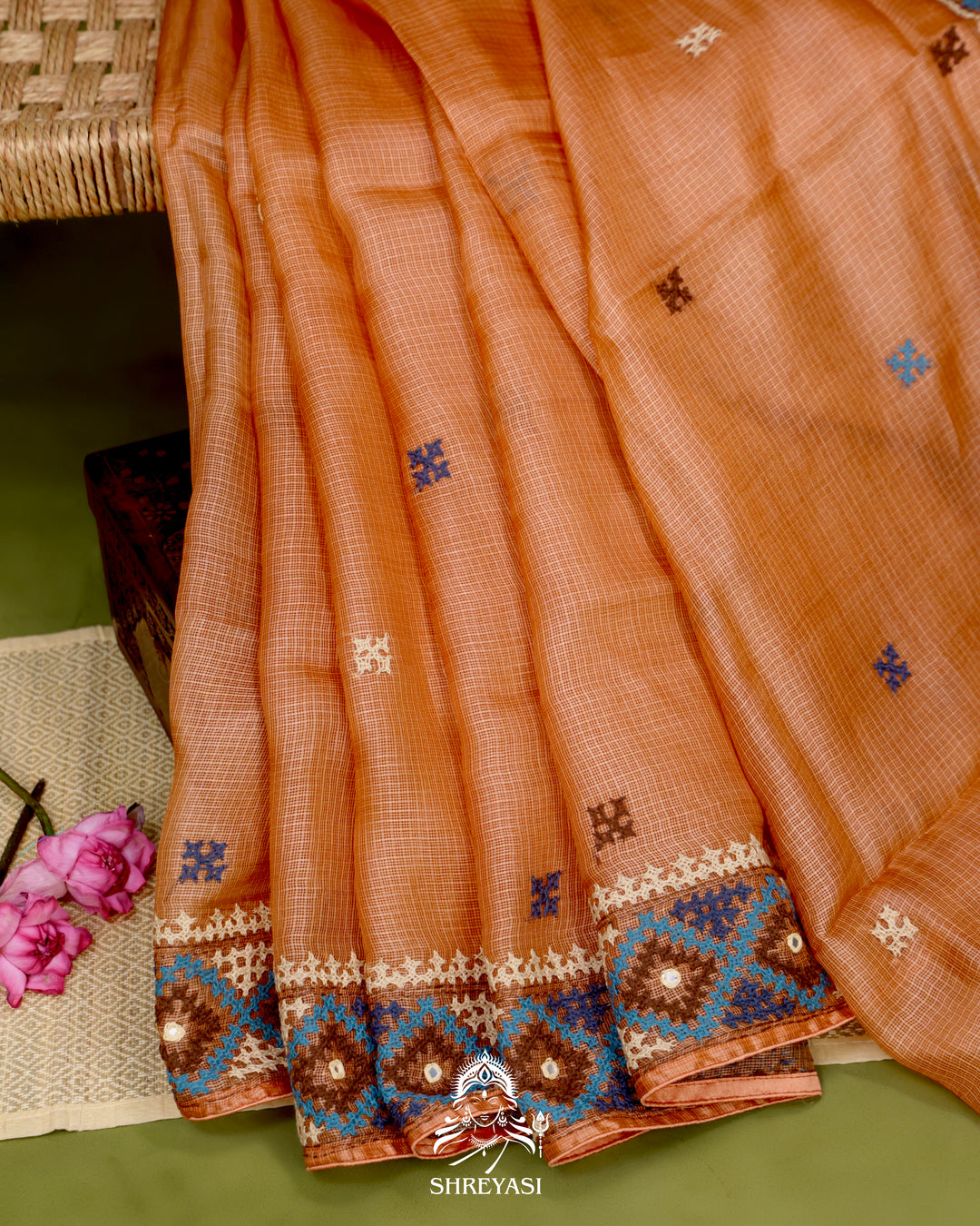 Handloom Pure Tussar Kota Saree with Kutch Hand Embroidery and Mirror Work