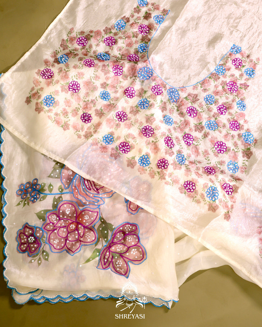 Glass Tissue Saree with Floral Print and  Embroidery