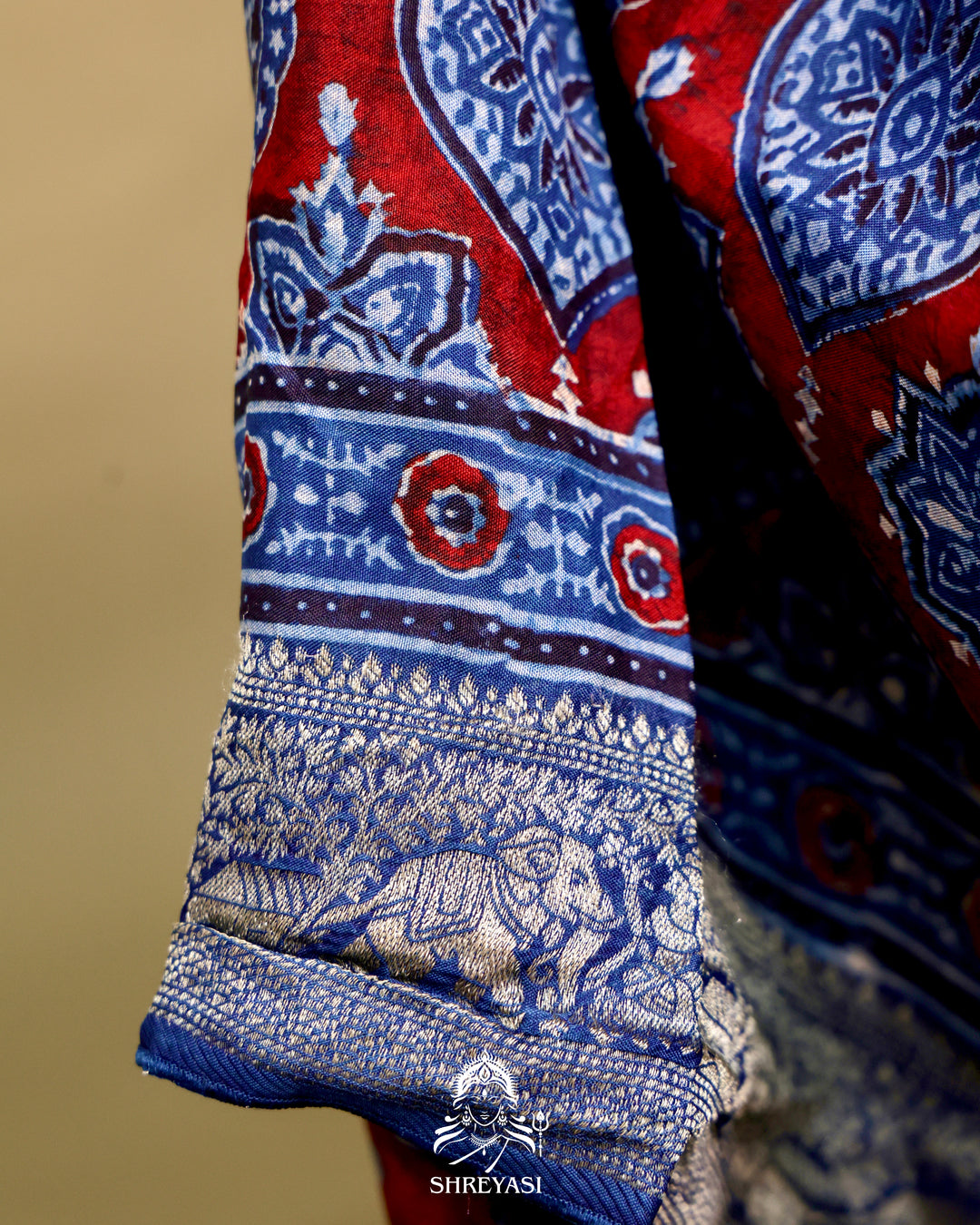 Hand Block Printed Ajrakh Dola Silk Saree with Zari Brocade Blouse