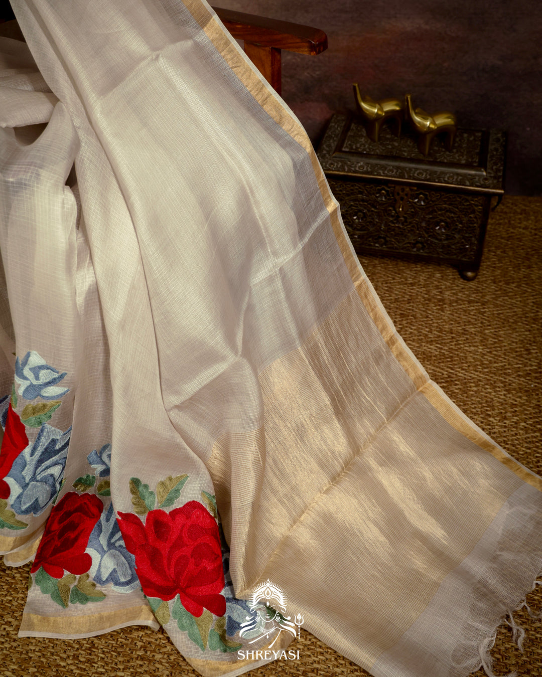 Handloom Pure Silk Kota Saree with Resham Floral Embroidery