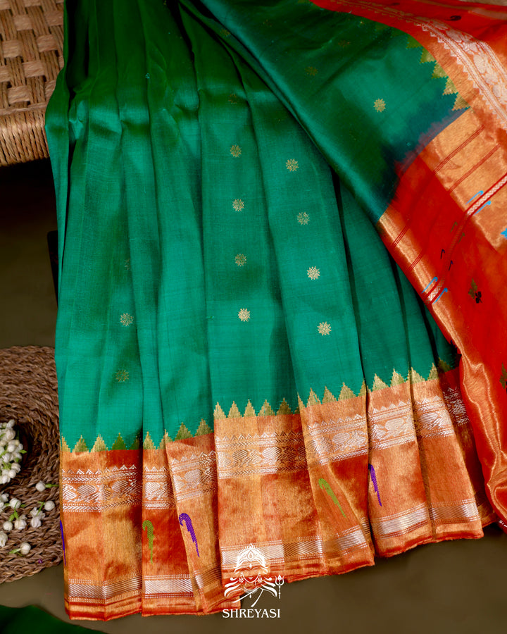 Handloom Pure Gadwal Silk Saree with Paithani Muniya Tissue Borders