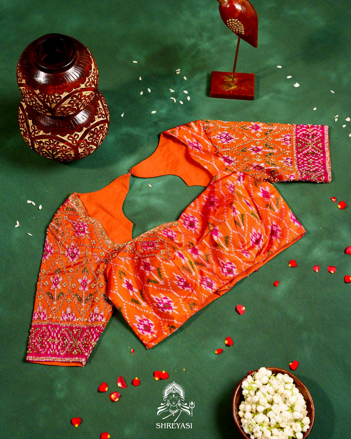 Handloom Pure Single Ikat Rajkot Patola Silk Blouse with Rich Hand Embroidery