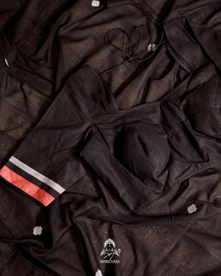 Handloom Bawan Buta cotton saree featuring traditional Jamdani woven motifs and contrast borders