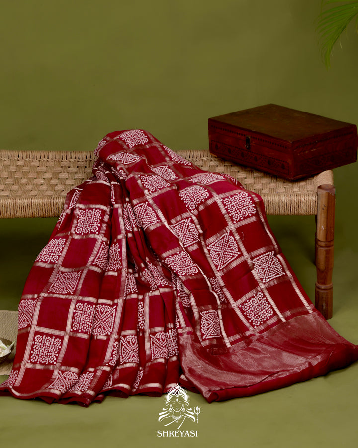 Gharchola-Style Bandhini Matka Silk Saree with Zari Checks