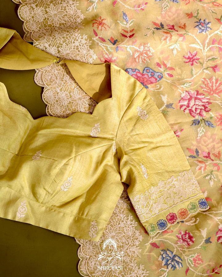 Organza Silk Saree with Petit Point Embroidery and Chantilly Lace Border