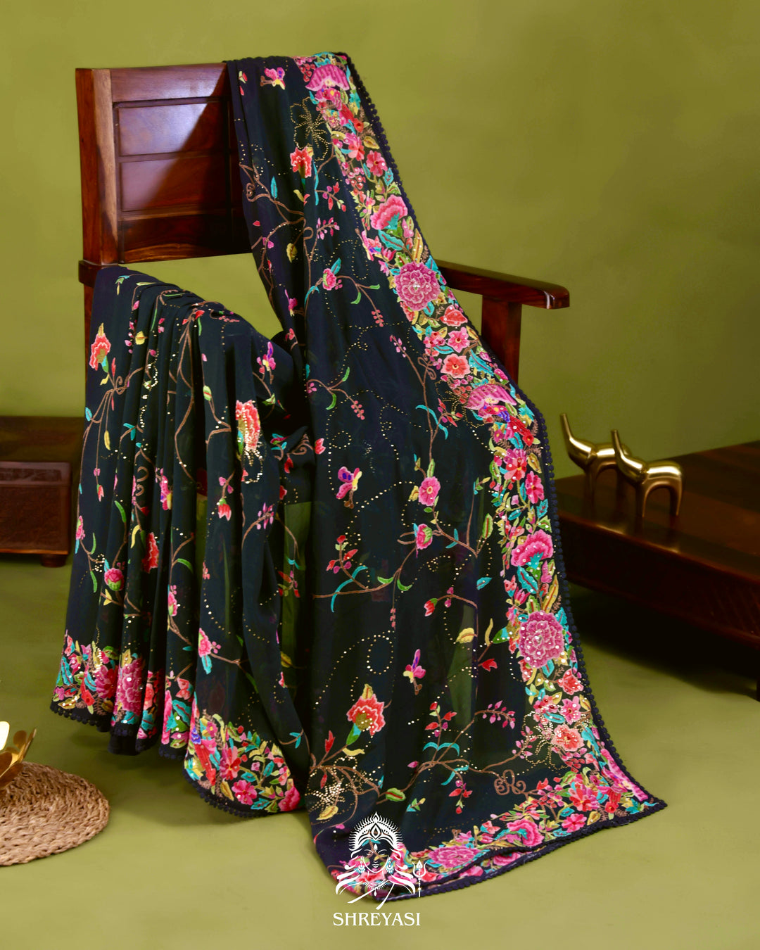 Midnight Floral Pure Georgette Saree with Mukaish, Bead & Sequin Work