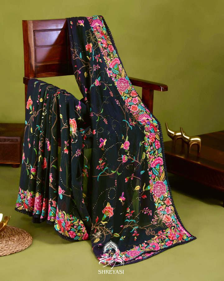 Midnight Floral Pure Georgette Saree with Mukaish, Bead & Sequin Work