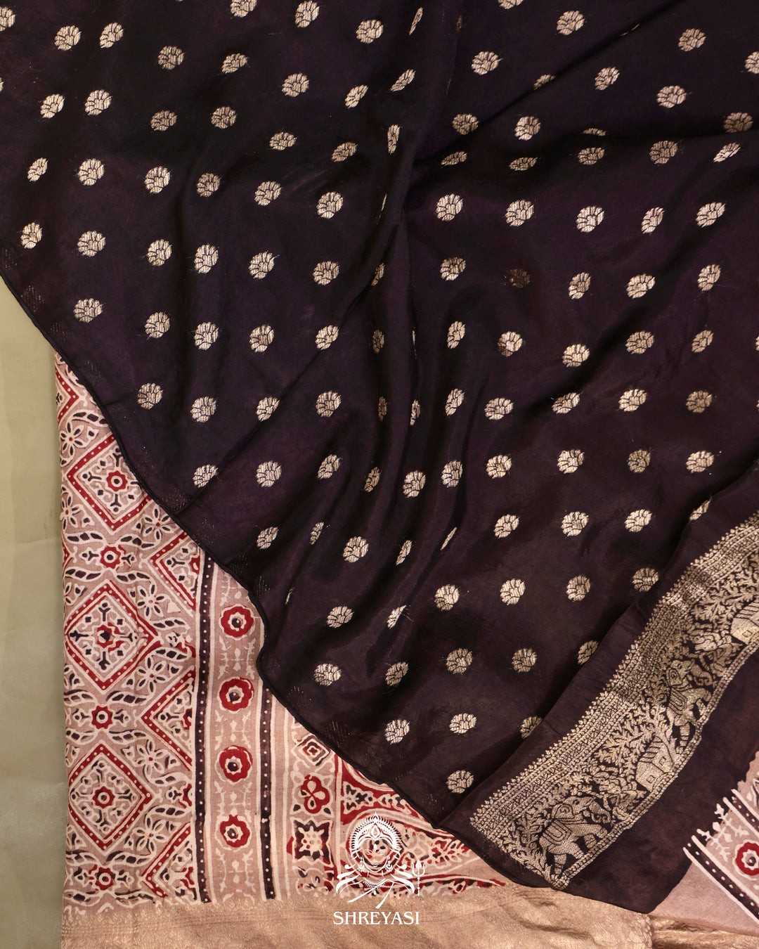 Hand Block Printed Ajrakh Dola Silk Saree with Zari Brocade Blouse