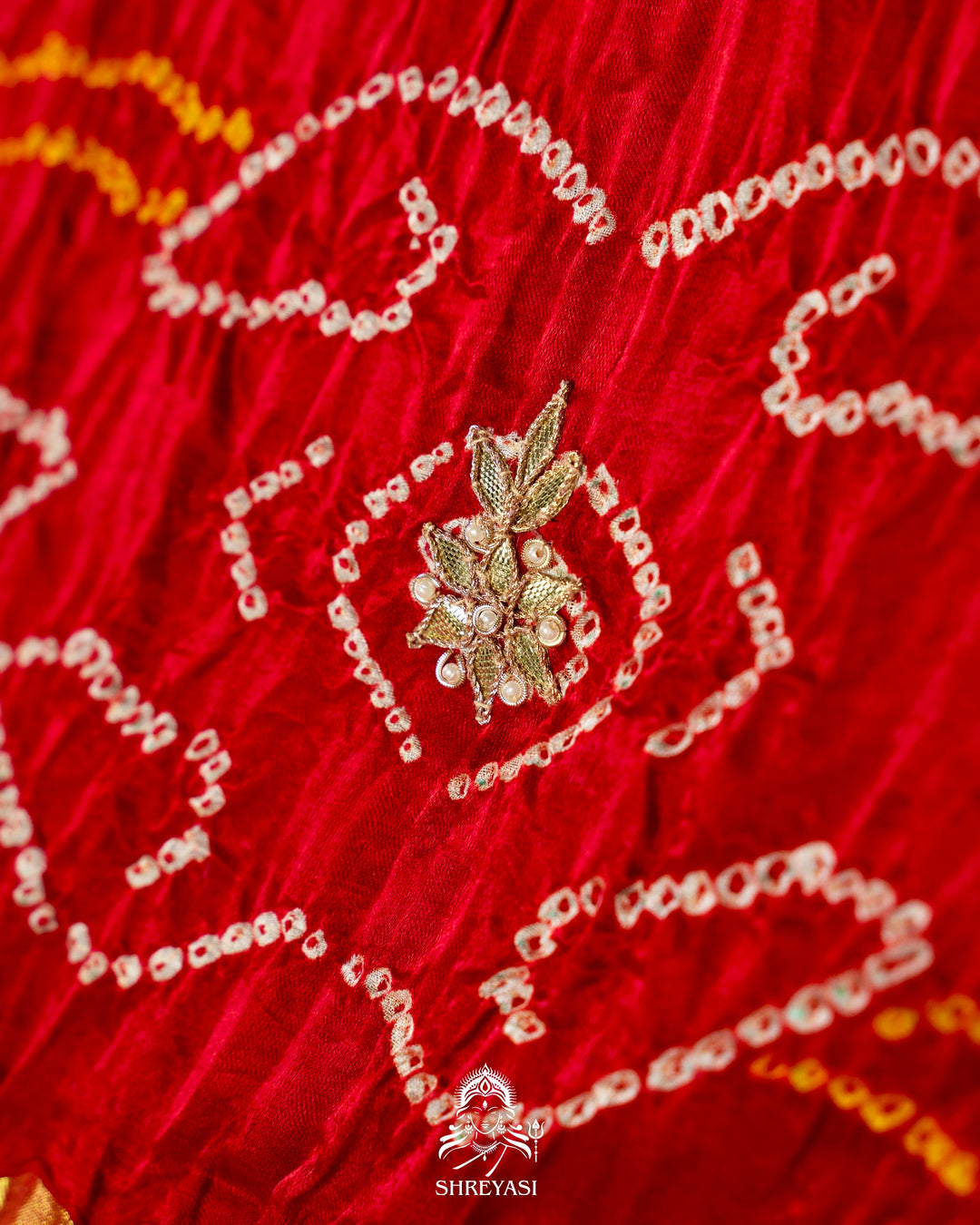 Handloom Pure Gaji Silk Saree with Hand-Knotted Bandhej, Gharchola Pallu & Heavy Gota Patti Embroidery