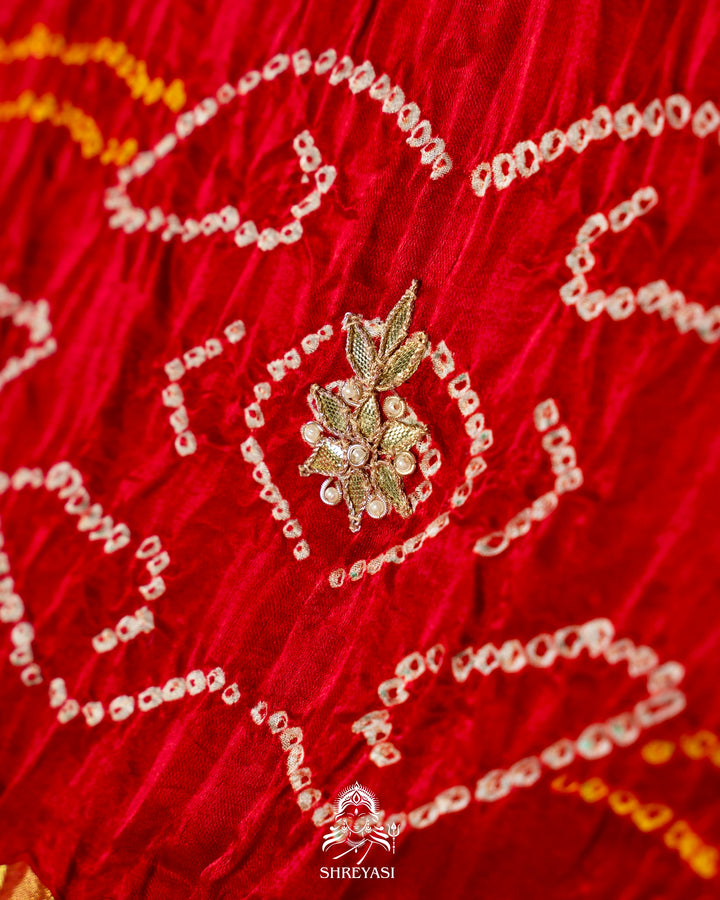 Handloom Pure Gaji Silk Saree with Hand-Knotted Bandhej, Gharchola Pallu & Heavy Gota Patti Embroidery