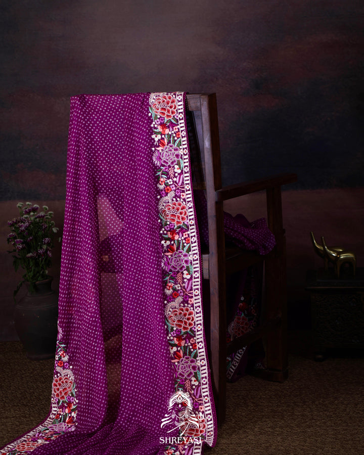Pure Georgette Saree with Parsi Gara Style Embroidered Borders and Bandhej Body