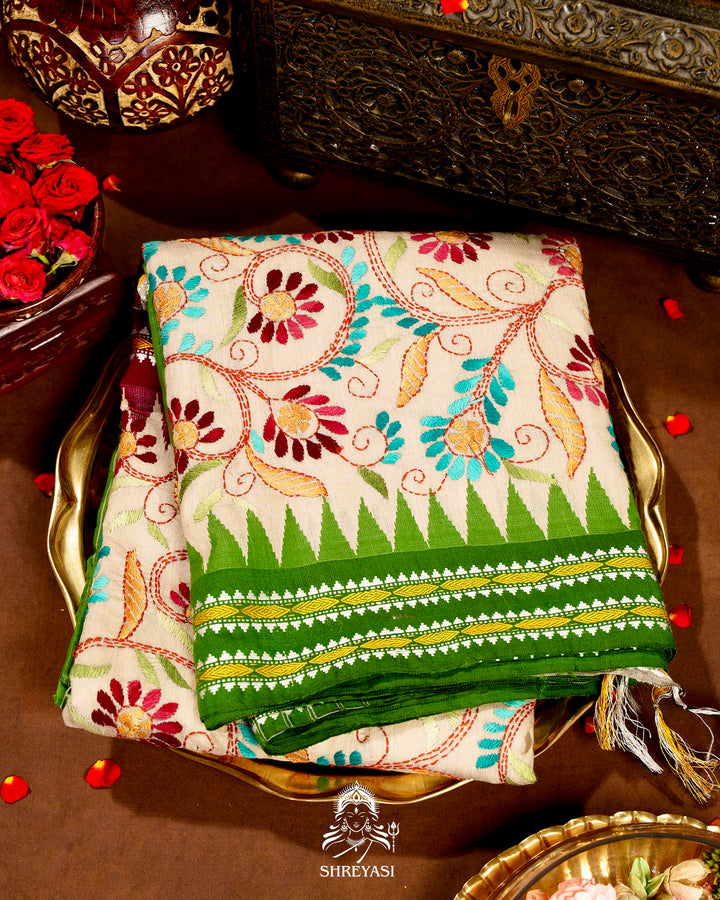 Handloom Pure Vidarbha Tussar Silk Saree with Karvati Kinar Border and Kantha Embroidery