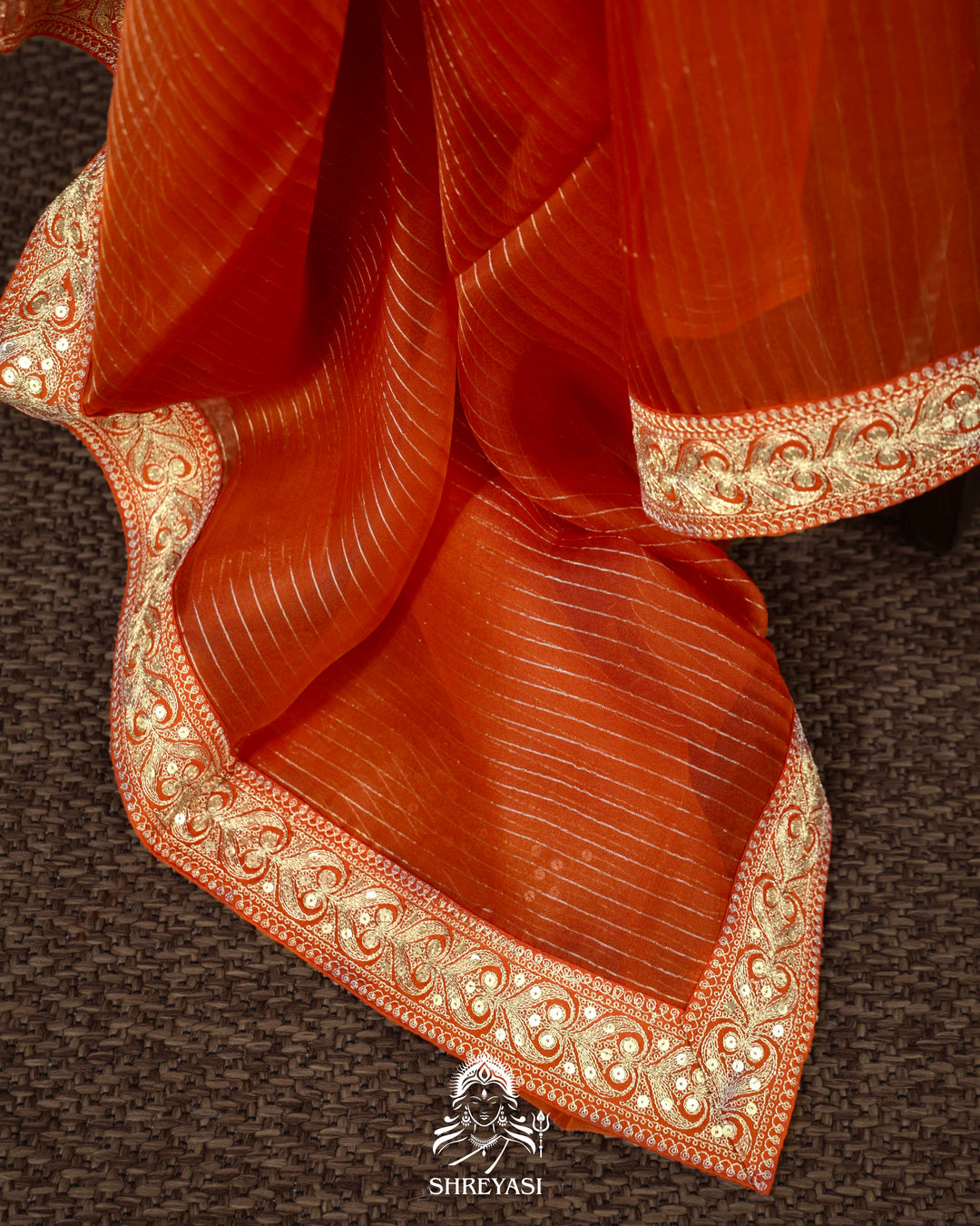 Pure Organza Silk Saree in Orange with Embroidered Border