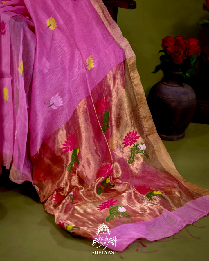 Handloom Silk Linen Jamdani Saree with Tissue Paithani Pallu
