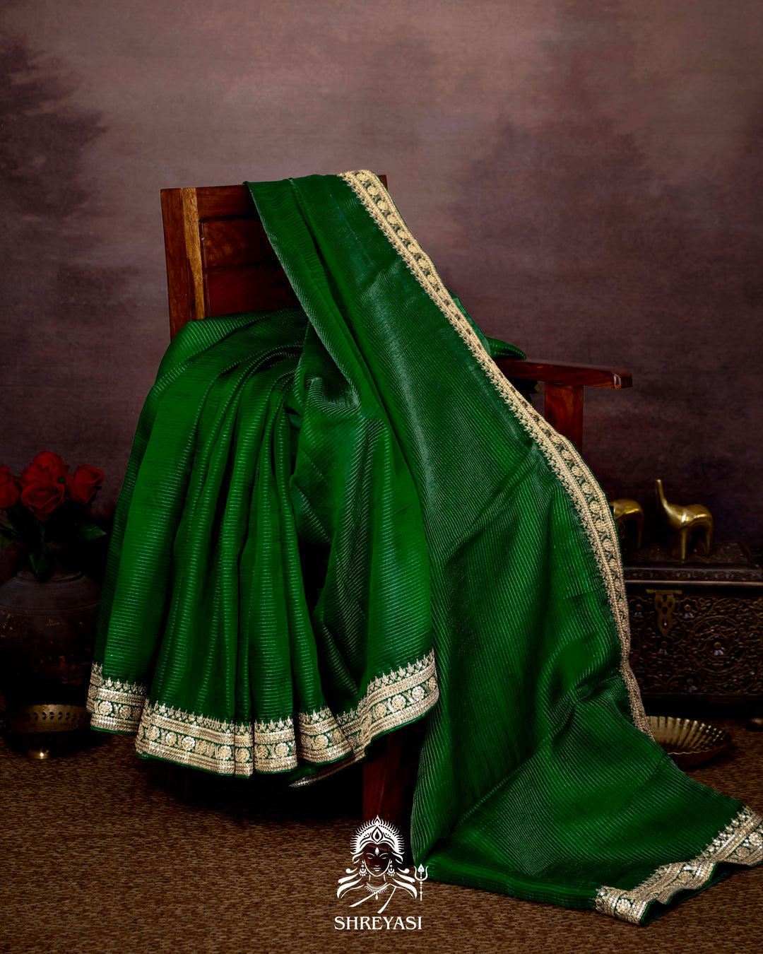 Pure Organza Silk Saree in Emerald Green with Embroidered Border