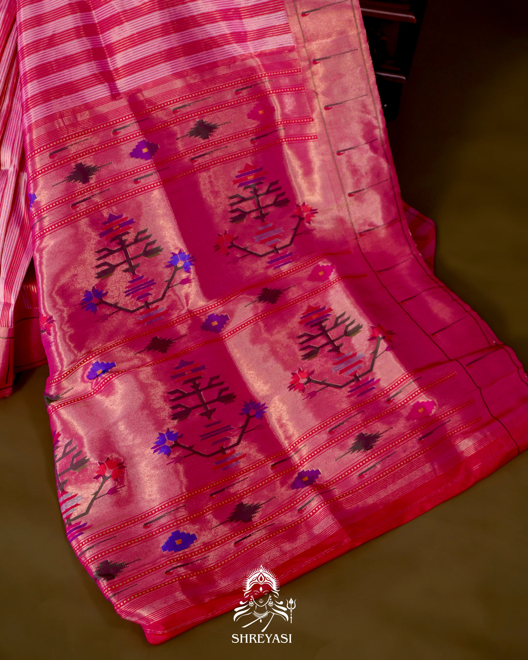 Paithani Silk Saree with Zari Line Weaving and Traditional Asawali Pallu