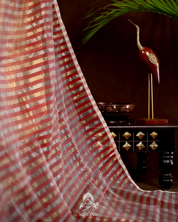 Handloom Pure Chanderi Tissue Silk Saree with Woven Bhutis and Striped Blouse