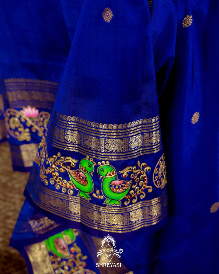Handloom Pure Kanjivaram Silk Saree in Real Zari with Tanjore Mayil and Kamalam Artwork