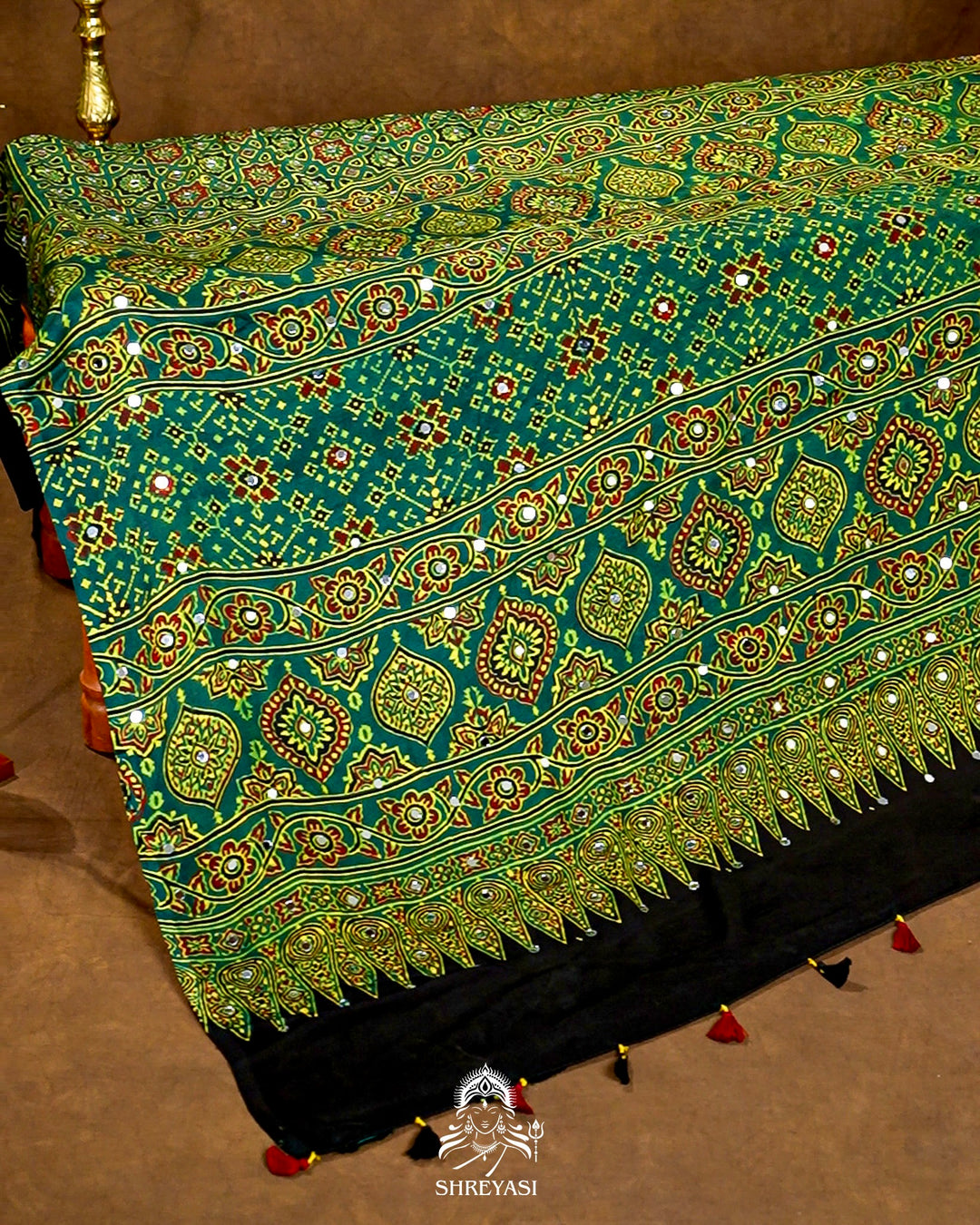 Mirror Work Pure Modal Silk Ajrakh Hand Block Printed Saree | Naturally Dyed Artisan Collection