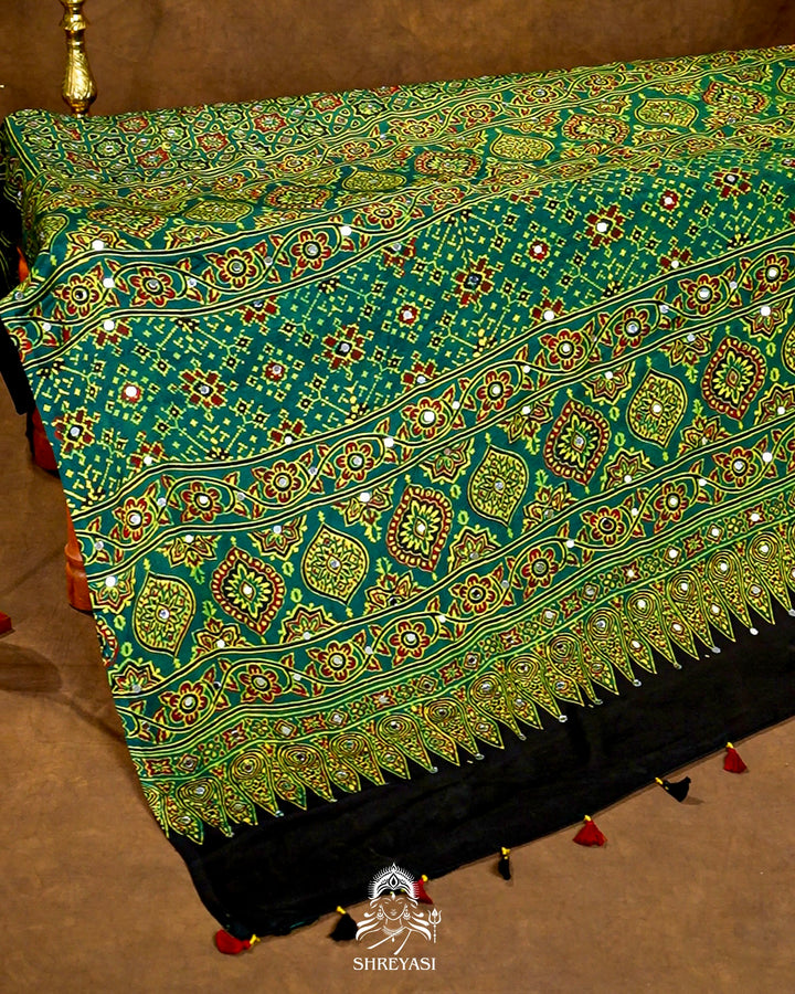 Mirror Work Pure Modal Silk Ajrakh Hand Block Printed Saree | Naturally Dyed Artisan Collection