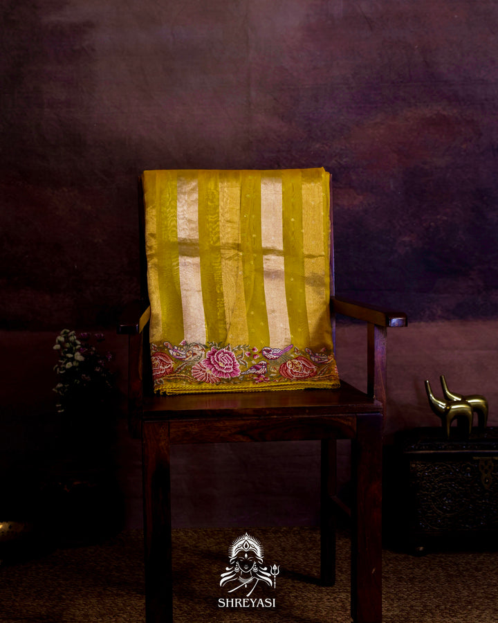 Pure Tissue Silk Saree with Zari Stripes and Petit Point Embroidered Borders