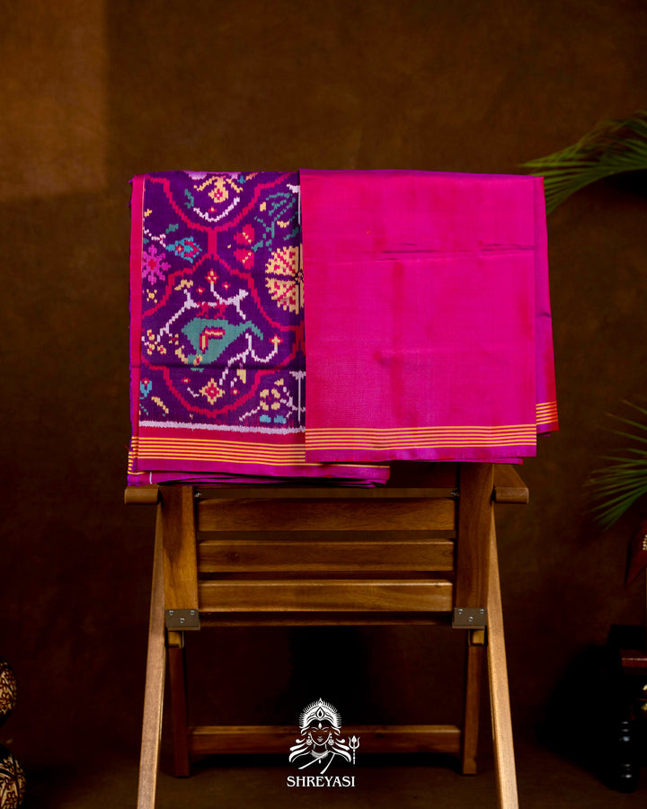 Handloom Pure Rajkot Patola Silk Saree with Animal & Floral Ikat Motifs