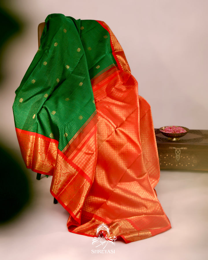 Handloom pure Kanjivaram silk saree with real zari, kattam checks, and traditional motifs