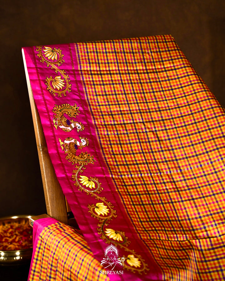 Traditional Tanjore Painting on Handloom Pure Kanjivaram Silk Sarees with Real Zari
