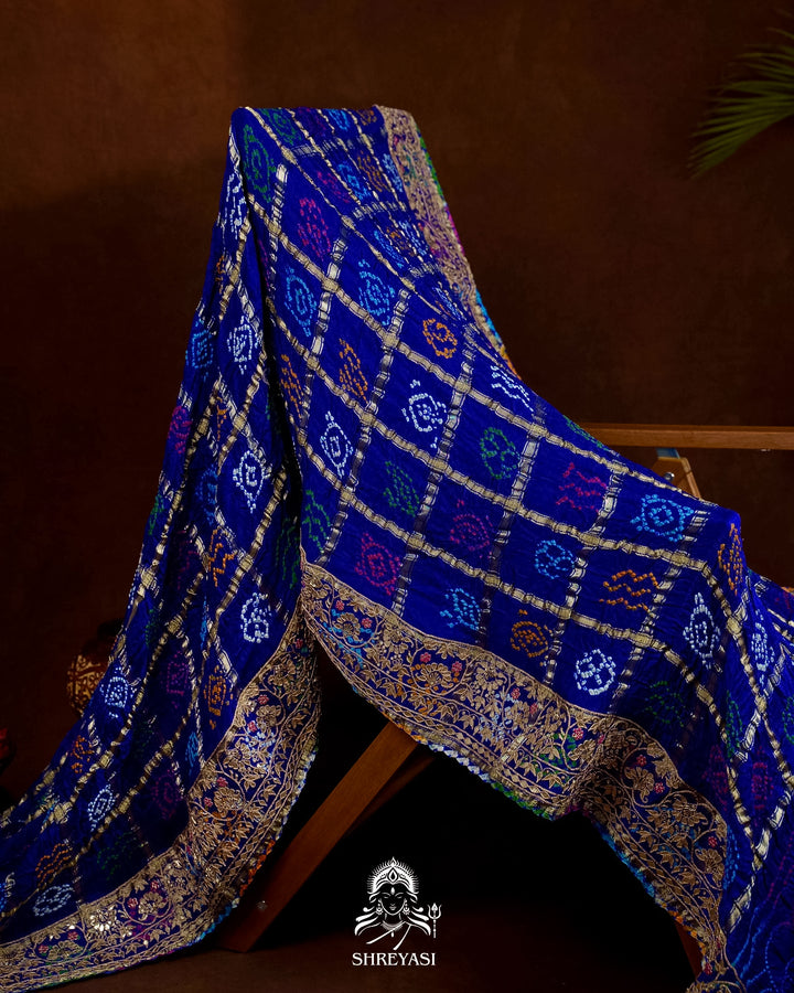 Handloom Pure Gaji Silk Gharchola Bandhej Saree with Multicolor Bandhani, Multicolor Pallu & Handcrafted Gota Patti Borders