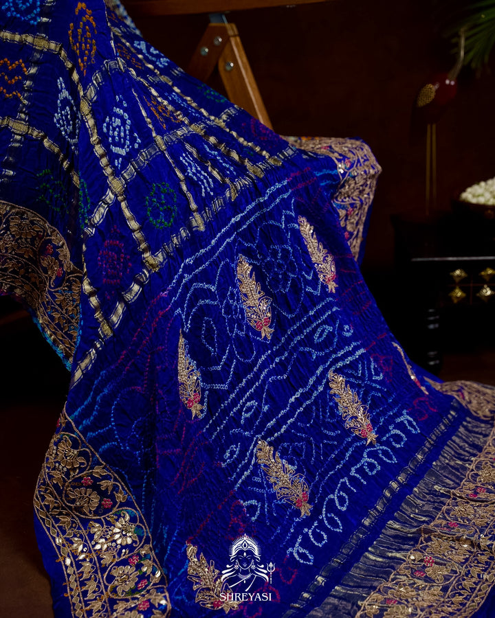 Handloom Pure Gaji Silk Gharchola Bandhej Saree with Multicolor Bandhani, Multicolor Pallu & Handcrafted Gota Patti Borders