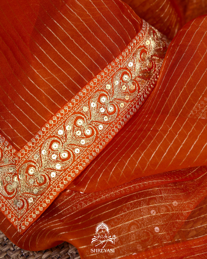 Pure Organza Silk Saree in Orange with Embroidered Border